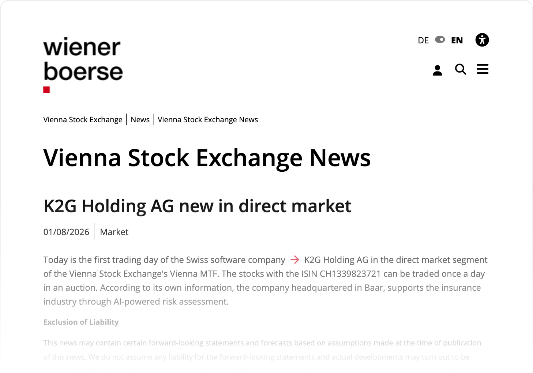 K2G Holding AG newly listed on the direct market
