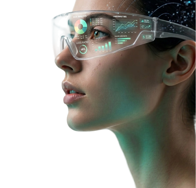Woman wearing augmented-reality glasses displaying insurance risk-analysis data