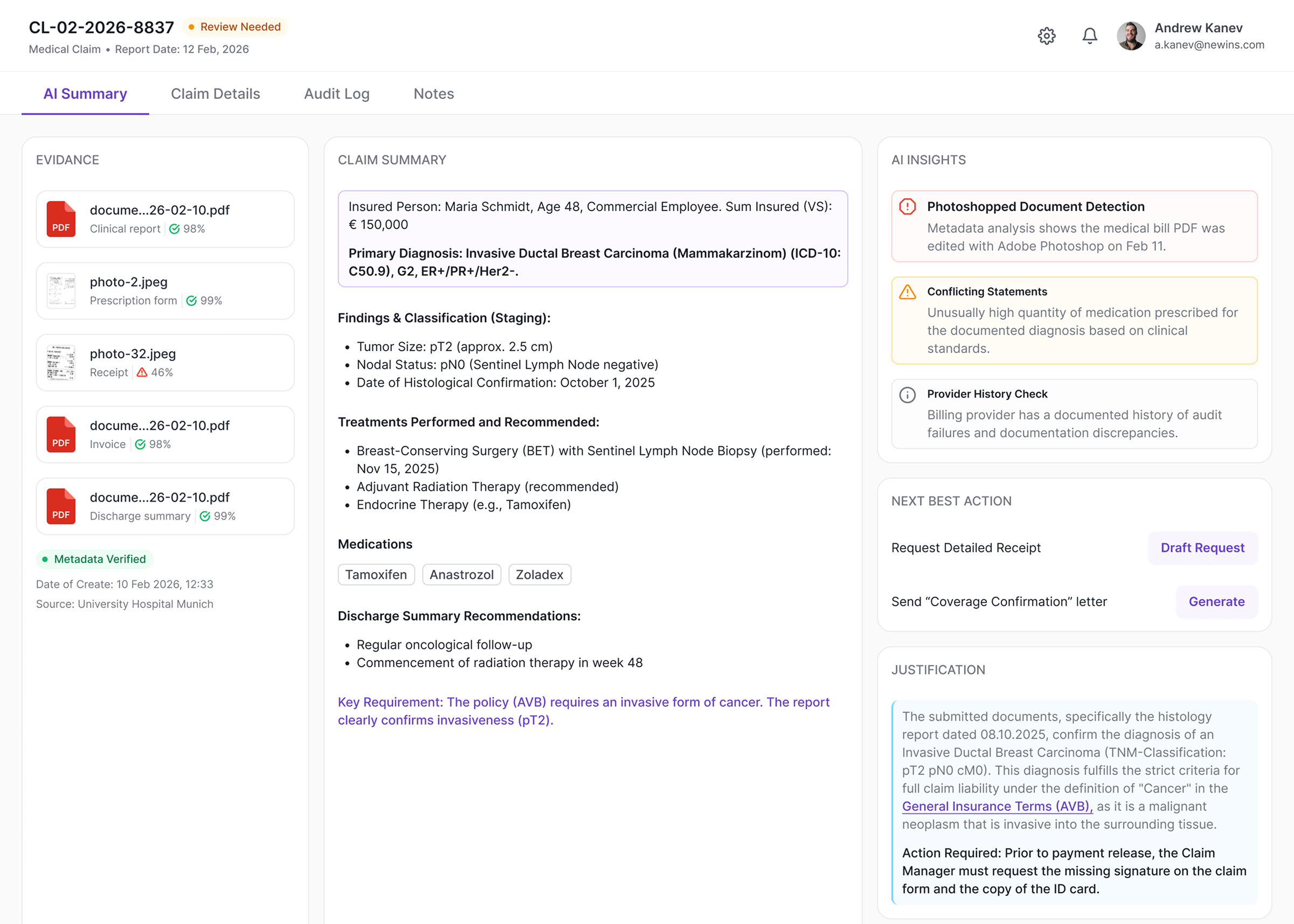 AI Claim Summary Interface